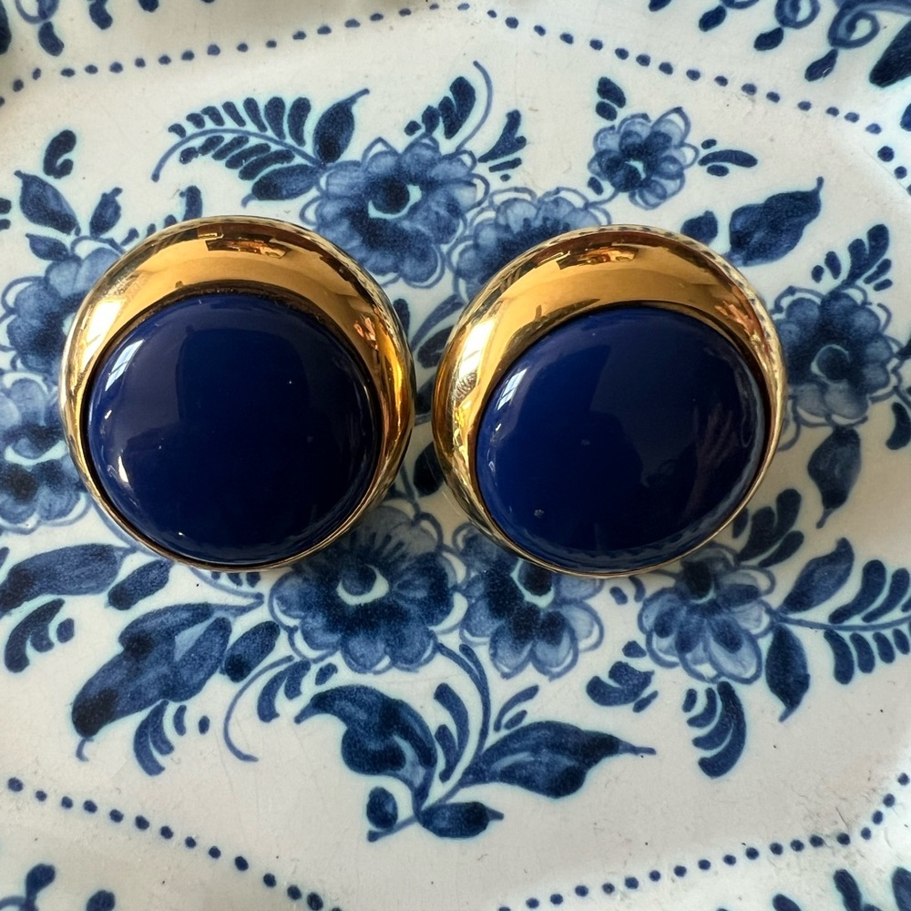 Vintage Gold and Blue Button Earrings